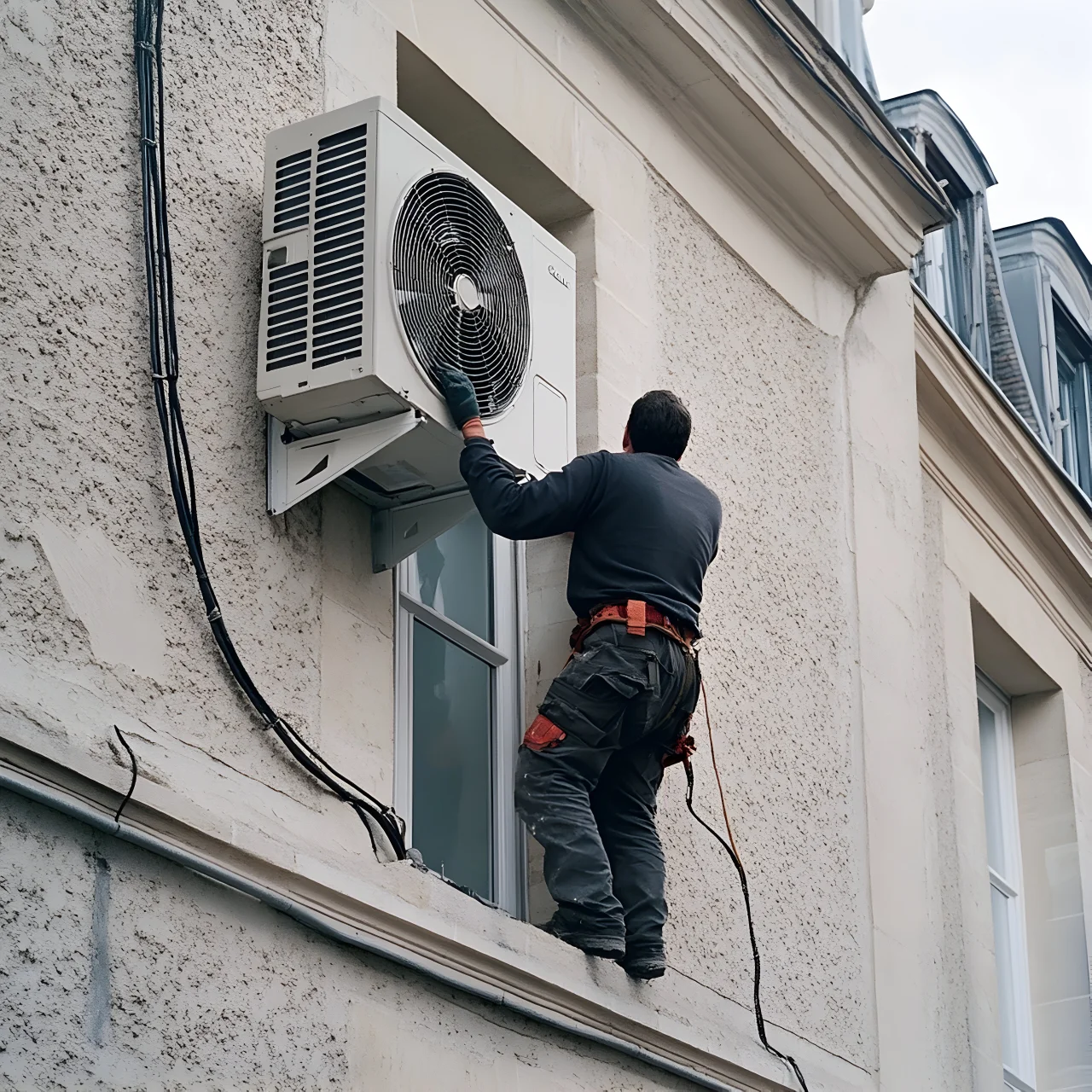 man black shirt is window sill with air conditioner 1