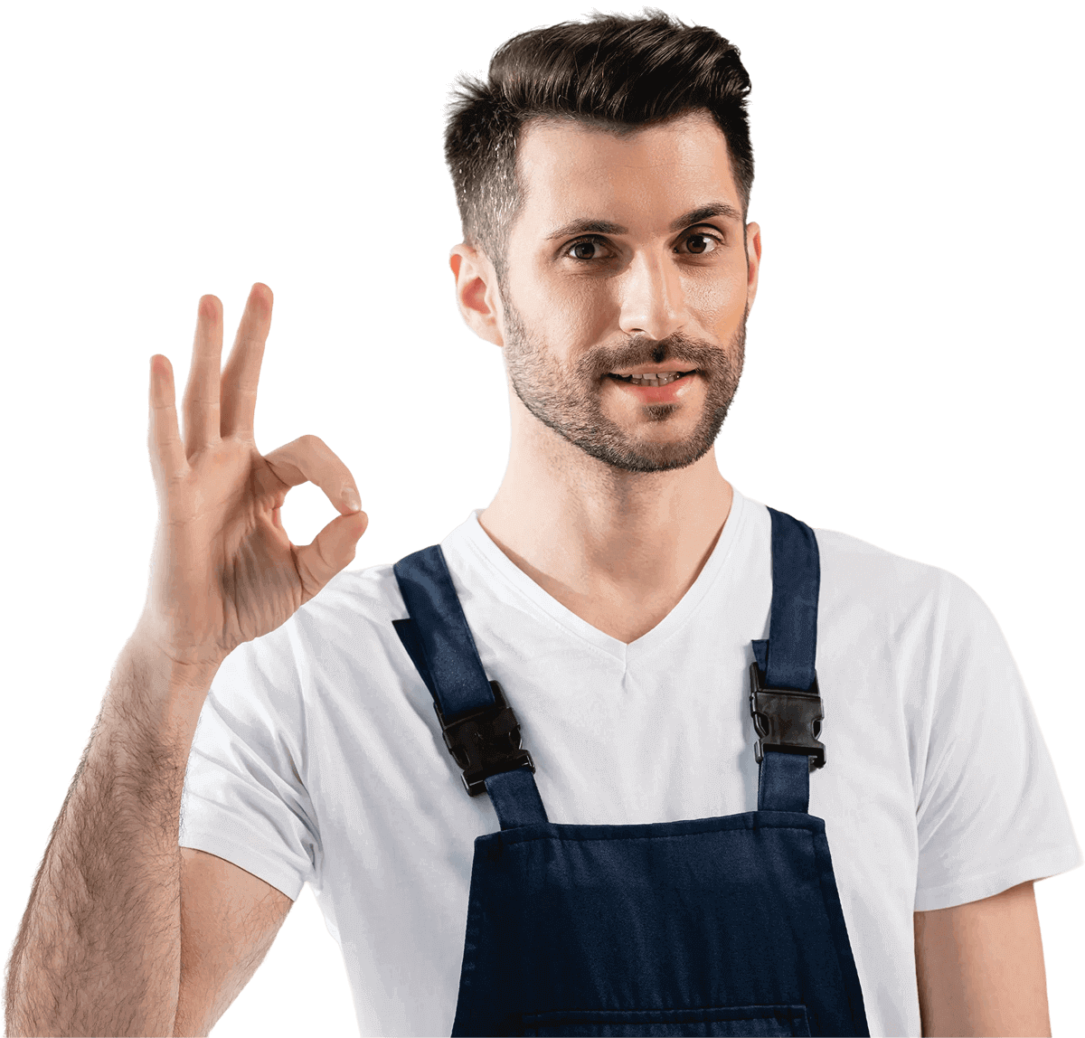 smiling repairman showing okay gesture while stand KK6265J